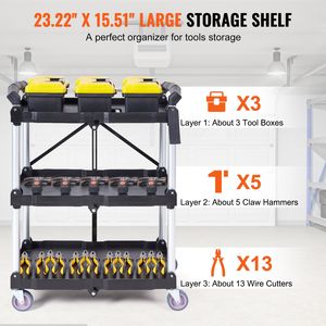 Carrello di Servizio Pieghevole in Plastica con Manico Ergonomico e Ruote Bloccabili, Capacità 165 LBS, 3 Ripiani, Portatile - Product Image 4
