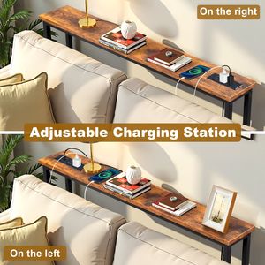 Moderno 39.4 sottile \ "consolle da tavolo con postazione di ricarica USB rustica con struttura in metallo divano divano tavolo da soggiorno tavolo USB stretto - Product Image 3