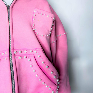 Sweat-shirt rose à capuche zippé avec détails de perles, style décontracté oversize, tissu FRENCH TERRY, idéal pour l'automne - Product Image 5