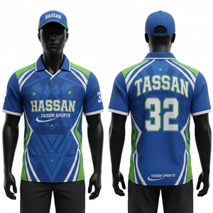 Camiseta de críquet para hombre, 180 GSM, poliéster premium, tejido interlock de micro malla, diseño de paneles azul, verde y blanco, sublimación y bordado. - Product Image 6