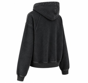 Sweat-shirt à capuche court noir délavé sur mesure pour hommes, coupe régulière, style streetwear, avec poche kangourou, 100 % coton, vente en gros - Product Image 2