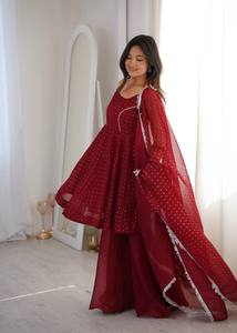 <b>Maroon</b> crunchy silk plazzo suit with zarkhand work round neck <b>top</b> full flair sharara dupatta with lace border festival wear - Product Image 3