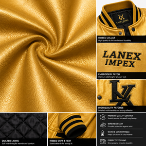 Custom Gold Varsity Letterman Jacket Men PU Leather Baseball College Jacket Embroidered Chenille Patch Bomber Jacket OEM Service - Product Image 5