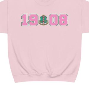 Light Pink Crewneck Sweatshirt with Pink and <b>Green</b> 1908 Graphic Print Long Sleeve Cotton Fleece Casual Women's Pullover Top - Product Image 6