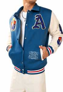<b>Men's</b> Blue Varsity <b>Jacket</b> Embroidered <b>Letter</b> A Patch Design Turn-down Collar Regular Fit Autumn Wear - Product Image 3