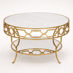 Elegant <b>Round</b> White Marble Coffee <b>Table</b> With <b>Gold</b> Metal Frame Decorative Circular Design Glass Shelf For Living Room Home Decor - Product Image 4