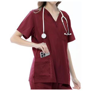 Conjunto de uniforme médico unisex Harry Johnson color borgoña: blusa con cuello en V y pantalones con cordón y bolsillos, con detección de agujas y fusión sin costuras. - Product Image 5
