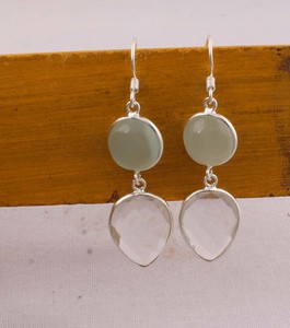 Boucles d'oreilles pendantes en Prehnite naturelle et Quartz cristallin, en argent sterling 925, pierres précieuses facettées, faites à la main, bijoux en gros - Product Image 5