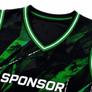 Maillot de basketball personnalisé sublimé pour homme, sans manches, col en V, anti-humidité, polyester/coton, imprimé vert et noir, coupe classique - Product Image 3