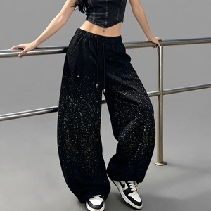 Pantalon Harem Noir à Paillettes Imprimées pour Femme, Taille Haute, Coupe Ample, Cordon de Serrage, Longueur Intégrale, Style Streetwear - Product Image 1