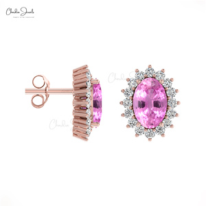 Pendientes de Oro Fino de 14K con Zafiro Rosa Genuino de 6x4MM en Forma Ovalada y Halo de Diamantes, Joyería de Boda Hecha a Mano para Damas de Honor - Product Image 4