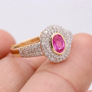 Bague halo en or massif 14 carats avec saphir rose ovale naturel |   Bijoux fins sertis de diamants, cadeau pour femmes - Product Image 4