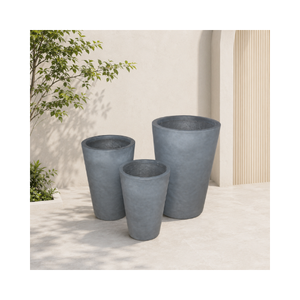 Juego de 3 macetas de fibra de vidrio moradas al por mayor, macetas altas modernas con acabado brillante para decoración del hogar, patio y jardín - Product Image 1