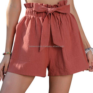 Short décontracté moutarde solide à volants pour femmes avec poches dernière conception short ceinturé respirant confortable - Product Image 4