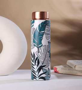 Pure Copper <b>Sports</b> <b>Water</b> <b>Bottle</b> Designer Green Leaf Pink Flower Pattern Leakproof Indian Copper Vessel Jointless Metal Drinkware - Product Image 2