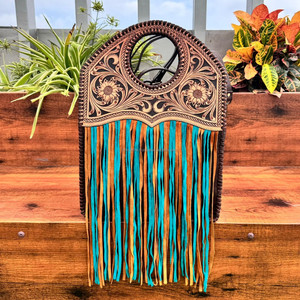 Best Seller Hand Tooled Genuine Leather Large <b>Turquoise</b> Fringe Crossbody Bag for Women's Western Cowhide Floral Top Handle Purse - Product Image 3