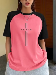 เสื้อยืดแขนสั้นพิมพ์ลายตัวอักษรปารีสสำหรับผู้หญิง แขนเสื้อแบบแร็กแลนสีบล็อกกิ้ง เสื้อทรงหลวมแฟชั่นฤดูร้อน - Product Image 6