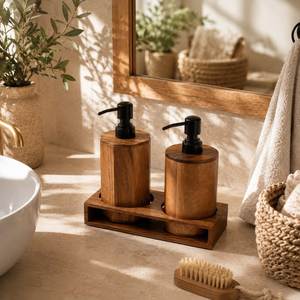 Handcrafted Acacia Bath & Vanity Collection Four-Piece Minimalist Style Soap Dispenser Toothbrush Holder Cup Soap Dish Decor Set - Product Image 5