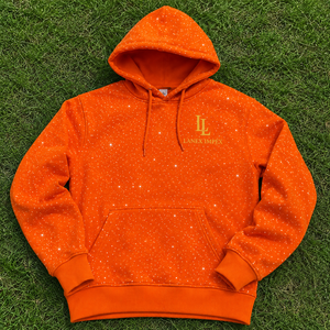 เสื้อฮู้ดดี้ผู้ชายสีส้มประดับเพชรเทียม สกรีนโลโก้ได้ สไตล์สตรีทแวร์ลำลอง ผ้าฟลีซ แขนยาว มีฮู้ด ผ้าฝ้าย 100% ทรงโอเวอร์ไซส์ - Product Image 6