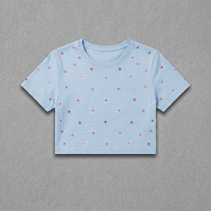<b>Rhinestone</b> Embellished Baby Tee Regular Fit Half Sleeve women's shirt Crew Neck Casual <b>Crop</b> <b>Top</b> Spring Summer Custom Boutique - Product Image 3