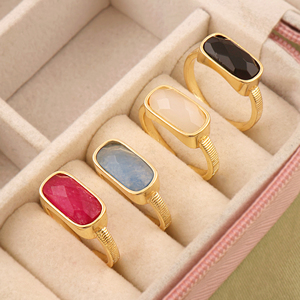 Anillo ligero de jade azul con corte rectangular acolchado, ajustable, chapado en oro de 18k, joyería de latón al por mayor, anillo apilable para uso diario. - Product Image 6