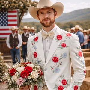 Men’s Ivory Floral Embroidered Wedding Suit – Western Cowboy Groom <b>Blazer</b> <b>Set</b> with Rose Embroidery for Party & Formal Wear - Product Image 1