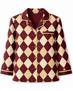 Ensemble de pyjama pour femmes personnalisé en beige bordeaux à motif argyle, manches longues, boutonné, vêtements de nuit en coton doux, ensemble de détente deux pièces - Product Image 3