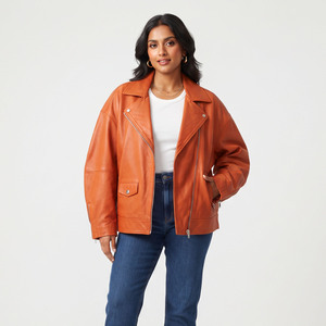 Veste en cuir ample pour femme, coupe décontractée, vêtement d'extérieur d'hiver, veste de motard en cuir véritable, col rabattable, veste en cuir de motard - Product Image 2