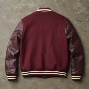 <b>Men's</b> Burgundy Varsity <b>Jacket</b> With Leather Sleeves Preppy Style Autumn Wear Turn-down Collar Button Closure - Product Image 3