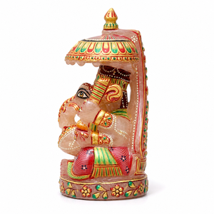 Estatua de Ganesha Bajo Sombrilla Pintada a Mano con Cuarzo Rosa, Detalles Multicolores Tallados, Decoración de Templo Indio - Product Image 5