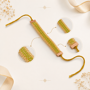 Rakhi élégant fait main en perles de rocaille vertes et dorées avec fil tressé pour la célébration du Raksha Bandhan - Product Image 6