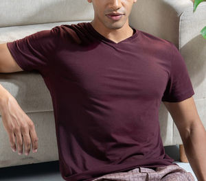 T-shirt en coton à col en V neuf, haut de gamme, uni, décontracté, tissé, à manches longues, pour homme - Product Image 5