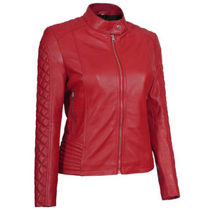 Women's Red Quilted Biker Leather <b>Jacket</b> A Slim-Fit Cafe Racer Style <b>Jacket</b> Crafted from Genuine Lambskin Leather - Product Image 6