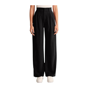 Pantalon large taille haute pour femme, coupe décontractée, plissé devant, en crêpe noir uni, longueur intégrale - Product Image 1
