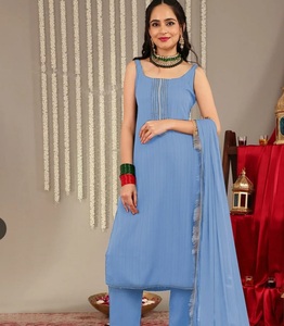 <b>Light</b> Blue Georgette Embroidered Indian Pakistani Set Sleeveless Square <b>Neck</b> Kurta Pant Set with Dupatta for Wedding Party Wear - Product Image 1
