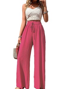 Pantalon large taille haute pour femme, décontracté, coupe ample, vert uni, en coton, séchage rapide, respirant, plissé devant, élastique, pour l'été - Product Image 2