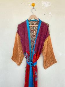 Vintage Recycled Silk Sari <b>Kimono</b> for <b>Women</b> Multicolored Daily Life Style Free Size Drawstring Closure for Summer Autumn Spring - Product Image 4