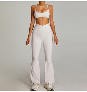 2026 White Seamless Yoga Set <b>Crop</b> <b>Top</b> High Waist Flared Pants Spaghetti Strap Scoop Neck 2 Piece Full Length Solid Color - Product Image 4