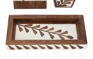Floral Wood Inlay Incense Burner Set Bulk Luxury Mango Wood Bakhoor Censer with White Resin Inlay <b>Matching</b> Storage <b>Box</b> and Tray - Product Image 3