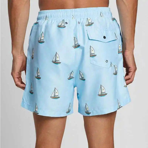 Men's Light Blue Sailboat Print Board Shorts Quick Dry Drawstring Waist Pockets Casual Swimwear - Product Image 2