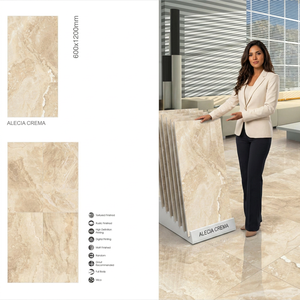 Azulejos de Porcelana Alecia Crema Beige con Aspecto de Mármol para Piso y Pared, 600x1200mm, Acabado Brillante, 12mm de Grosor, 5 Años de Garantía para Proyectos - Product Image 1