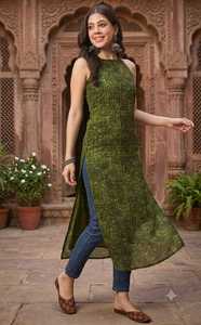 Leranath Fashion Pink <b>Embroidered</b> Indian Pakistani Top Sleeveless Halter Neck Long <b>Tunic</b> Dress Slit Casual Bandhani Print Cotton - Product Image 4