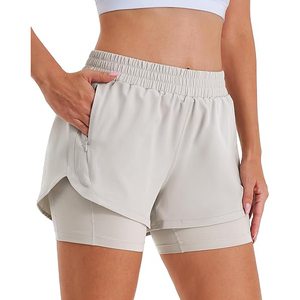 Shorts de course 2 en 1 pour femmes, couleur beige, shorts de sport fluides, polyester, séchage rapide, shorts de fitness, taille haute avec poche zippée - Product Image 1