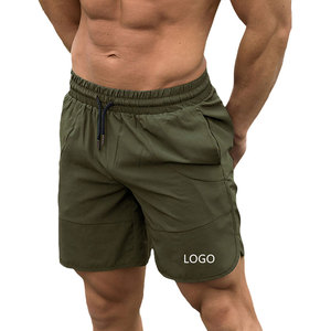 Shorts de sport décontractés pour homme, vert olive, à séchage rapide, taille élastique, avec poches et logo personnalisé sur le bas du bas. - Product Image 1