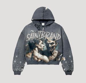 Sudadera con capucha con cremallera de forro polar grueso, estilo vintage lavado, con estampado gráfico Saintbrand, pedrería, Y2K, oversize, venta al por mayor del fabricante - Product Image 2