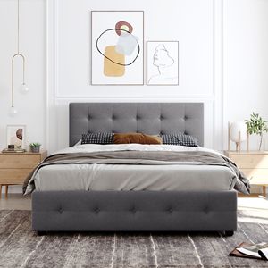 Letto matrimoniale imbottito grigio chiaro con testiera classica e 4 cassetti, non necessita di rete a doghe, in tessuto di lino - Product Image 2