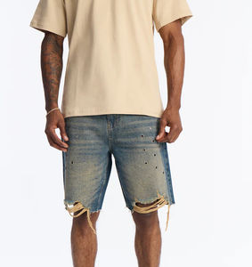 Nuevos shorts de mezclilla para hombre con efecto desgastado y lavado ácido, shorts de mezclilla personalizados 100% algodón, lisos, de peso pesado, con pedrería, a precio económico. - Product Image 5