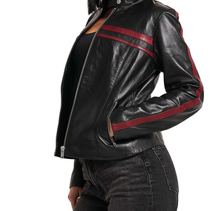 Chaqueta de cuero de piel de cordero con flecos para mujer, estilo motero, corta, a prueba de viento, color negro premium. Muestra y personalización disponibles. - Product Image 4