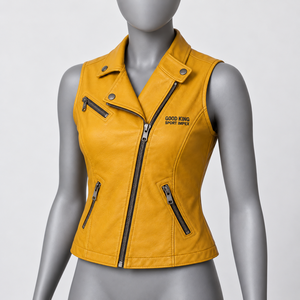 Chaleco de cuero amarillo para mujer, estilo motero, con cremallera, cuello asimétrico, sin mangas, ajustado, ropa exterior, estilo urbano - Product Image 3