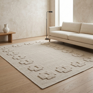 Alfombra DECORDEC Personalizada de Lana Beige Marfil, Texturizada, Antideslizante, Ecológica, Hecha a Mano, con Borde Floral Geométrico en Relieve - Product Image 4